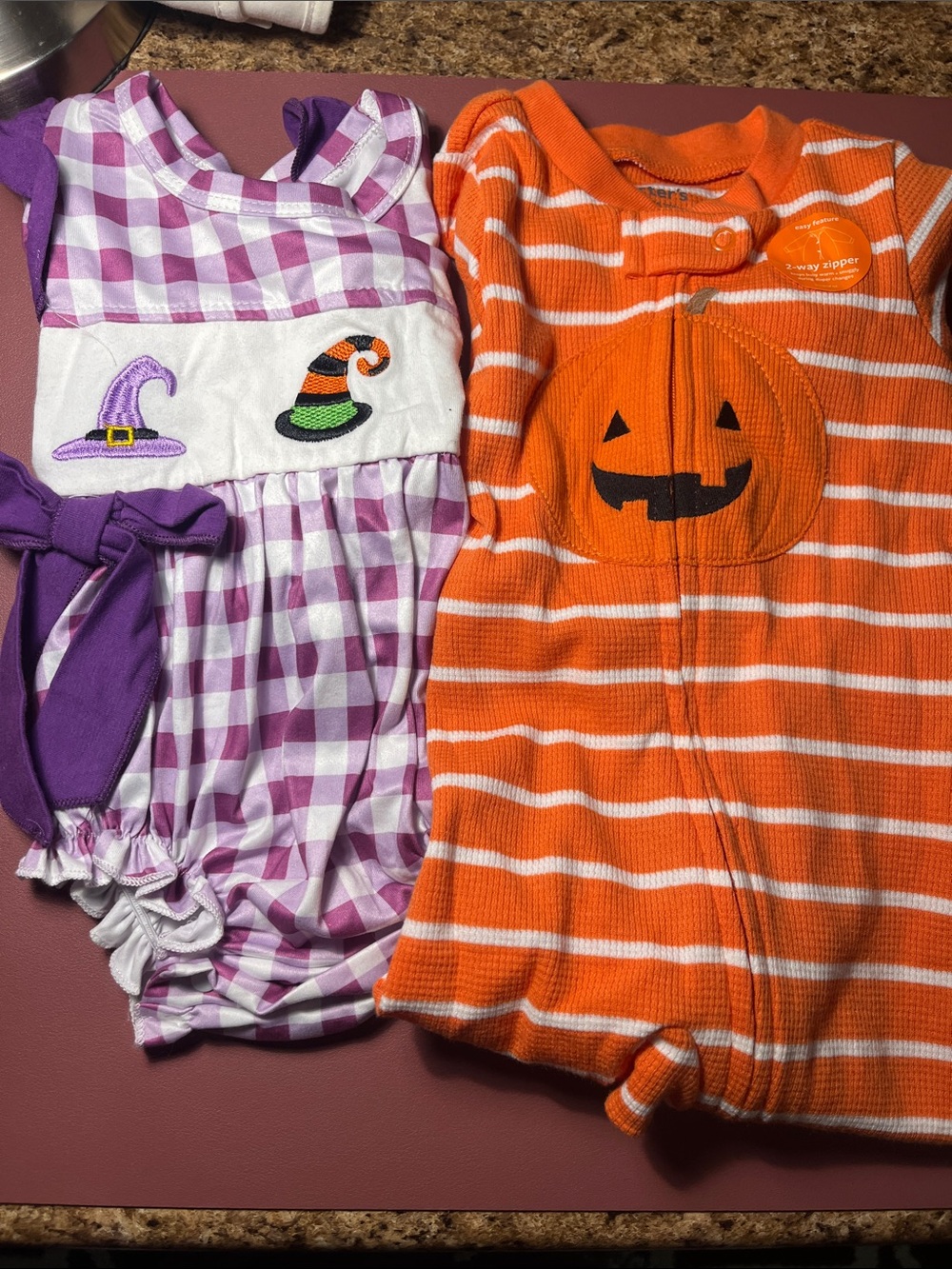 Carter's Purple Gingham Witch Romper & Orange Striped Pumpkin One-Piece 1 NWT